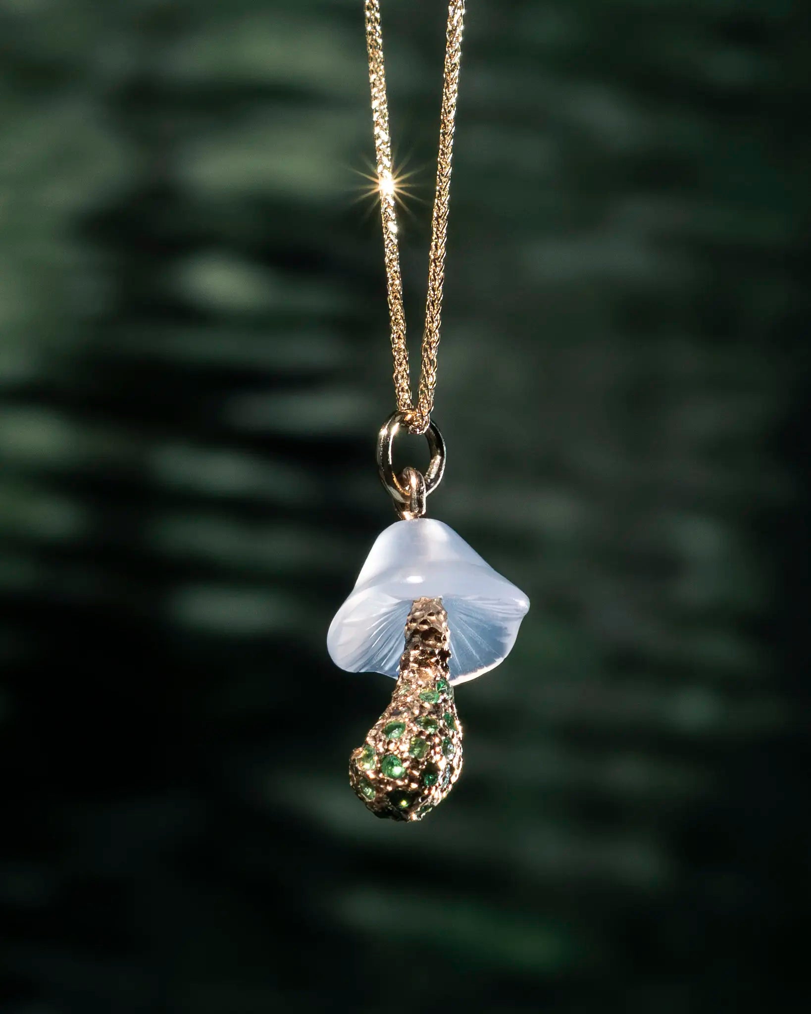 chalcedony mushroom necklace in 14k gold by Martina Kocianova